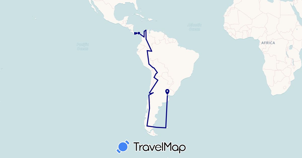 TravelMap itinerary: driving in Argentina, Bolivia, Chile, Colombia, Falkland Islands, Panama, Peru (North America, South America)